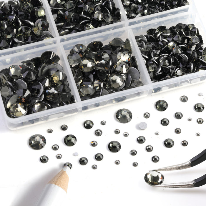 Beadsland 8300PCS Flatback Rhinestones, Nail Gems Round Crystal Rhinestones for Crafts, Mixed 10 Sizes with Wax Pencil and Tweezer Kit, SS3-SS30-Black Diamond
