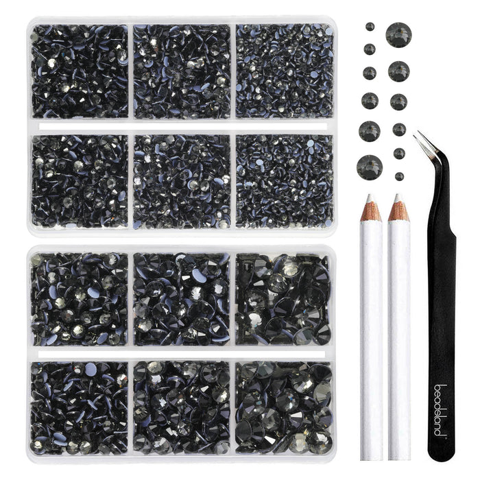 BEADSLAND Hotfix Rhinestones, 6080PCS Gray Rhinestones for Clothes Crafts Mixed 6 Sizes with Wax Pencil and Tweezers Kit - Black Diamond