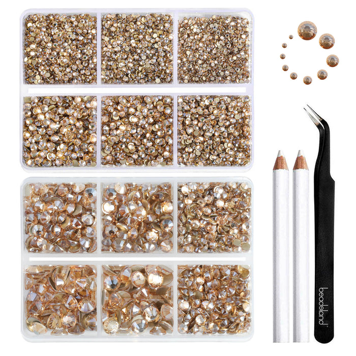 Beadsland 8300PCS Flatback Rhinestones, Nail Gems Round Crystal Rhinestones for Crafts, Mixed 10 Sizes with Wax Pencil and Tweezer Kit, SS3-SS30-Golden