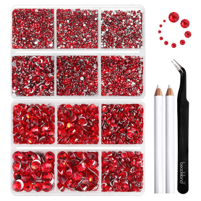 Beadsland 8300PCS Flatback Rhinestones, Nail Gems Round Crystal Rhinestones for Crafts, Mixed 10 Sizes with Wax Pencil and Tweezer Kit, SS3-SS30-Light Siam
