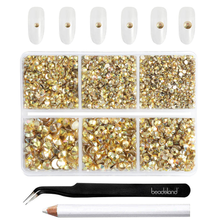 Beadsland 4300pcs Flatback Rhinestones,  Nail Gems Round Crystal Rhinestones for Crafts,Mixed 6 Sizes with Picking Tweezers and Wax Pencil Kit-Metalsunlight