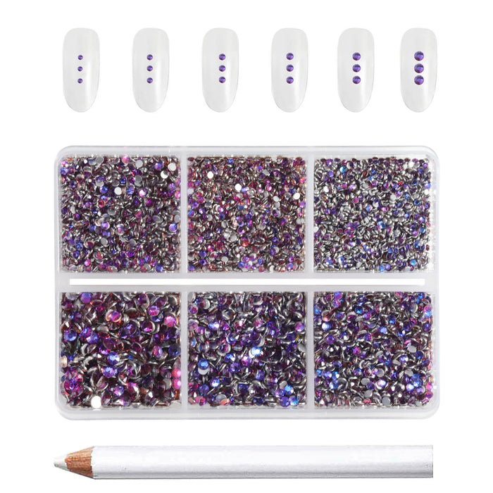 Beadsland 7200pcs Flatback Rhinestones,Nail Gems Round Crystal Rhinestones for Crafts,Mixed 6 Sizes with Wax Pencil Kit, SS3-SS10-Purple