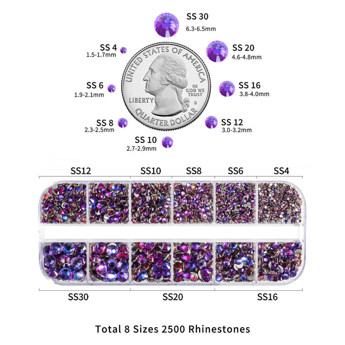 Beadsland Rhinestones for Makeup,8 sizes 2500pcs Flatback Rhinestones Face Gems for Nails Crafts with Tweezers and Wax Pencil- Purple Velvet