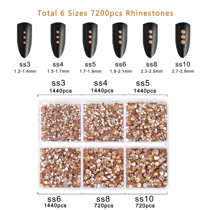 Beadsland 7200pcs Flatback Rhinestones,Nail Gems Round Crystal Rhinestones for Crafts,Mixed 6 Sizes with Wax Pencil Kit, SS3-SS10- Light Peach