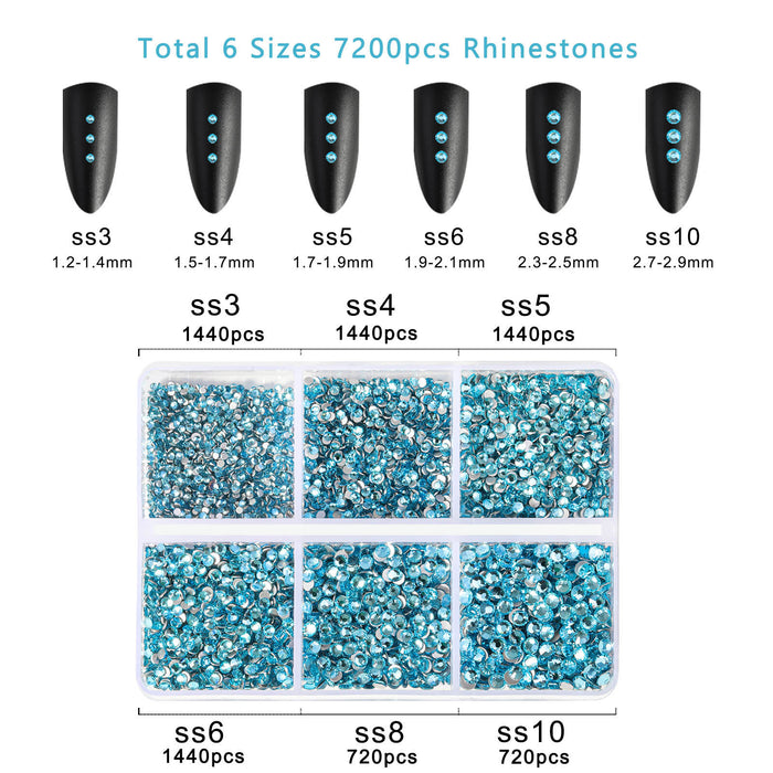 Beadsland 7200pcs Flatback Rhinestones,Nail Gems Round Crystal Rhinestones for Crafts,Mixed 6 Sizes with Wax Pencil Kit, SS3-SS10- Aquamarine