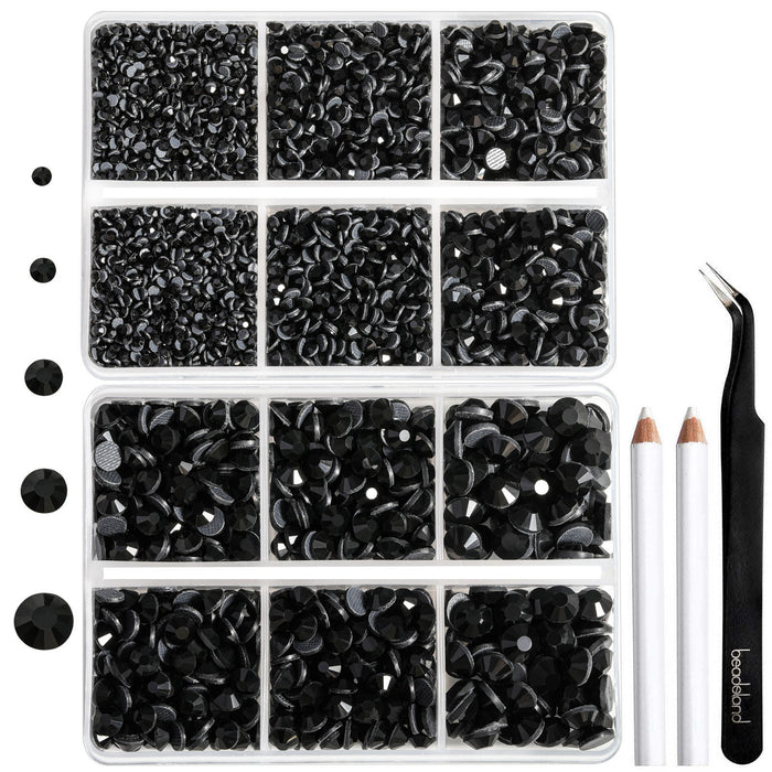 6736pcs Hotfix Rhinestones for Crafts Clothes Mixed 5 Sizes, Hotfix Crystals with Tweezers and Wax Pencil Kit, SS6-SS30- Black