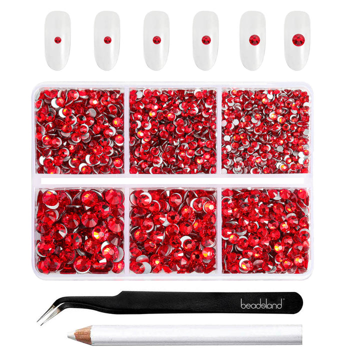 Beadsland 4300pcs Flatback Rhinestones,  Nail Gems Round Crystal Rhinestones for Crafts,Mixed 6 Sizes with Picking Tweezers and Wax Pencil Kit- Light Siam