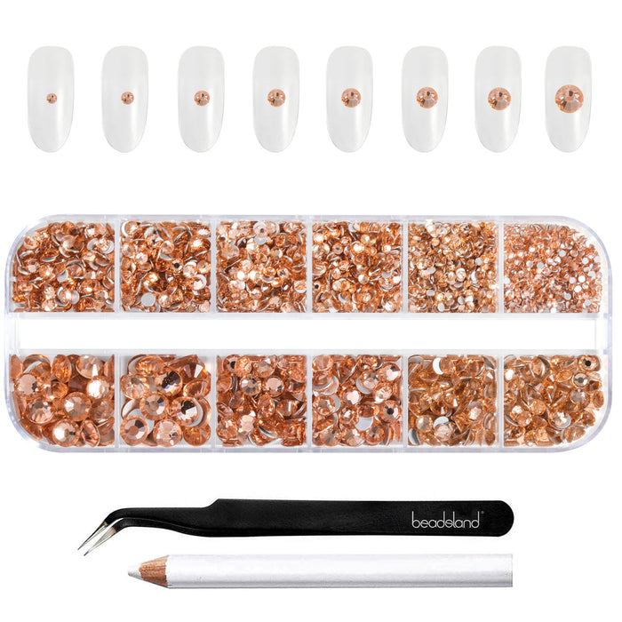 Beadsland Rhinestones for Makeup,8 sizes 2500pcs Flatback Rhinestones Face Gems for Nails Crafts with Tweezers and Wax Pencil- Light Peach