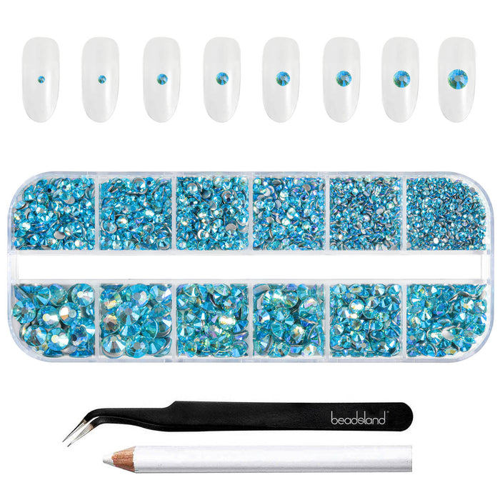 Beadsland Rhinestones for Makeup,8 sizes 2500pcs Flatback Rhinestones Face Gems for Nails Crafts with Tweezers and Wax Pencil- AquamarineAB