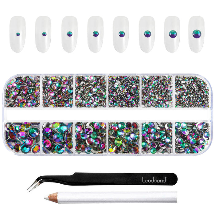Beadsland Rhinestones for Makeup,8 sizes 2500pcs Flatback Rhinestones Face Gems for Nails Crafts with Tweezers and Wax Pencil- Green Volcano