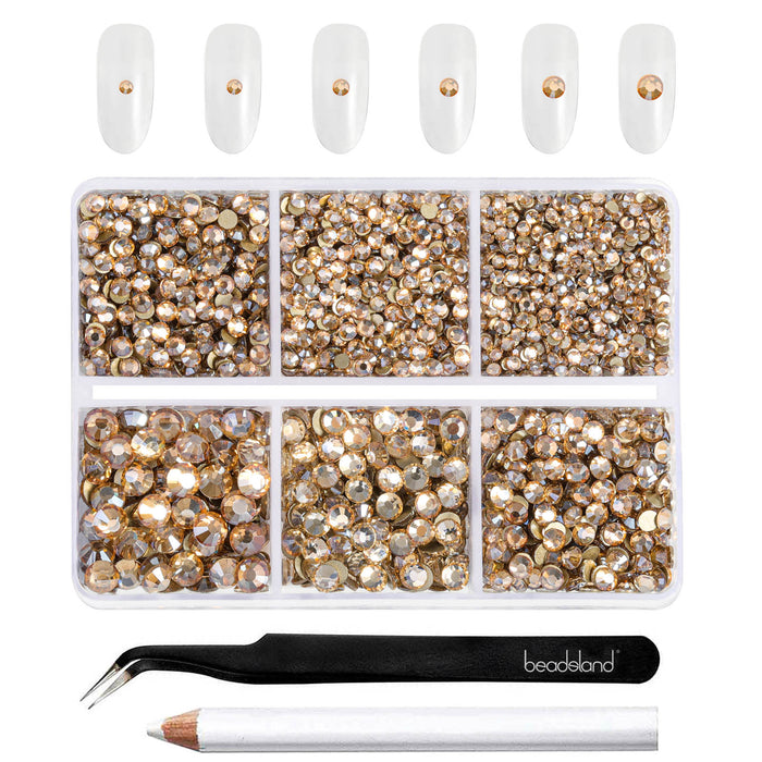 Beadsland 4300pcs Flatback Rhinestones,  Nail Gems Round Crystal Rhinestones for Crafts,Mixed 6 Sizes with Picking Tweezers and Wax Pencil Kit- Golden Shadow