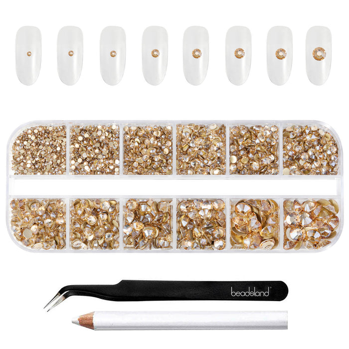 Beadsland Rhinestones for Makeup,8 sizes 2500pcs Flatback Rhinestones Face Gems for Nails Crafts with Tweezers and Wax Pencil- Golden Shadow