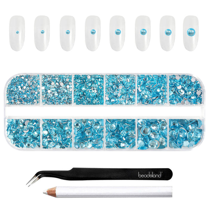 Beadsland Rhinestones for Makeup,8 sizes 2500pcs Flatback Rhinestones Face Gems for Nails Crafts with Tweezers and Wax Pencil - Aquamarine