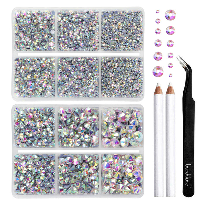 BEADSLAND Hotfix Rhinestones, 6080PCS AB Rhinestones for Clothes Crafts Mixed 6 Sizes with Wax Pencil and Tweezers Kit - Crystal AB