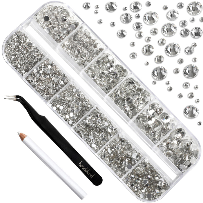 Beadsland Rhinestones for Makeup,8 sizes 2500pcs Flatback Rhinestones Face Gems for Nails Crafts with Tweezers and Wax Pencil- Crystal