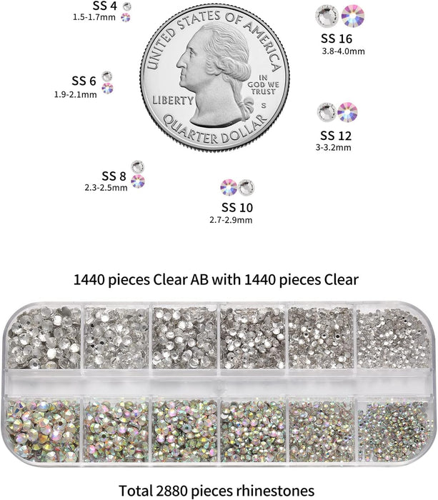 Beadsland 5280 Pieces Nail Art Rhinestones,Small Rhinestone for Makeup,Face Eye Rhinestones Set Mix 12 Colors(SS10) and 6 Sizes(SS4-SS16) for Clear and Clear AB (Set 01)