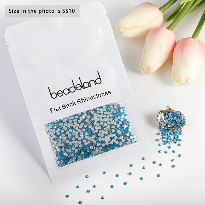 Beadsland Flat Back Crystal Rhinestones Round Gems For Nail Art And Craft Glue Fix - Aquamarine