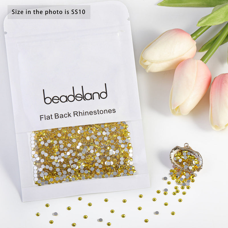 Beadsland Flat Back Crystal Rhinestones Round Gems For Nail Art And Craft Glue Fix - Lemon Yellow