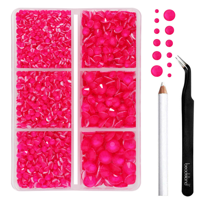 BEADSLAND Hotfix Rhinestones, 4000 PCS Neon Rose Rhinestones for Clothes Crafts Mixed 6 Sizes with Wax Pencil and Tweezers Kit, SS6-SS30, Neon Rose