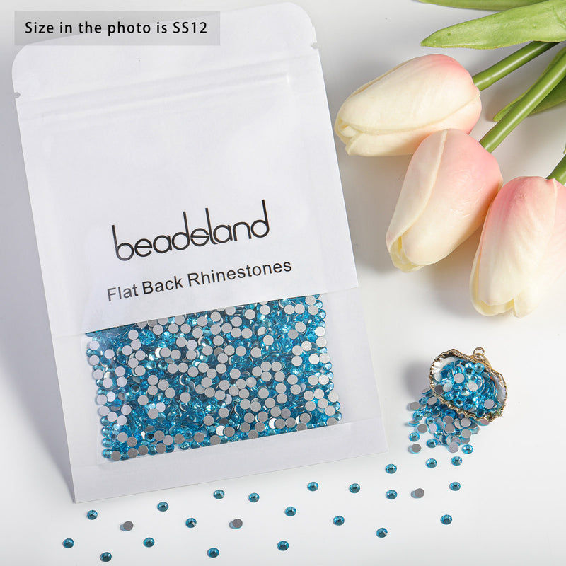Beadsland Flat Back Crystal Rhinestones Round Gems For Nail Art And Craft Glue Fix - Aquamarine
