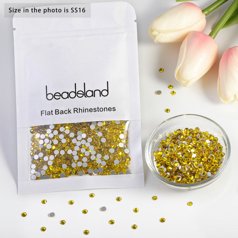 Beadsland Flat Back Crystal Rhinestones Round Gems For Nail Art And Craft Glue Fix - Lemon Yellow
