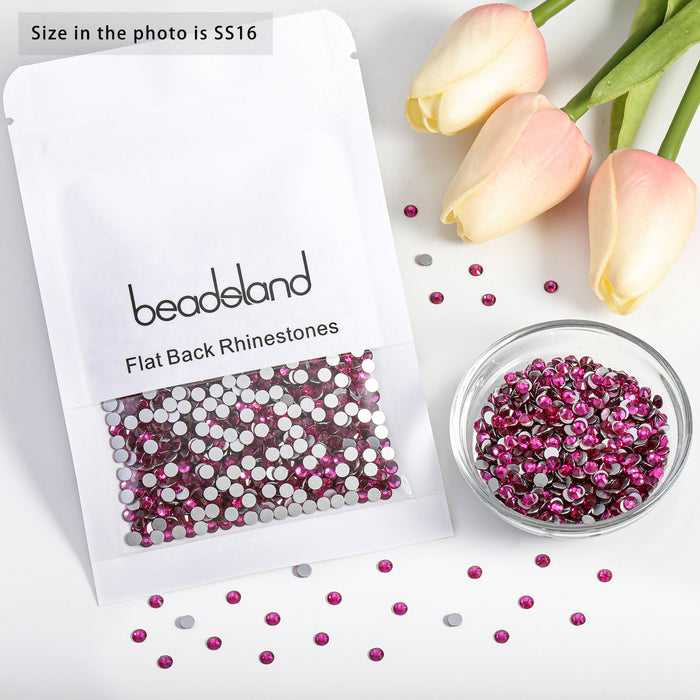 Beadsland Flat Back Crystal Rhinestones Round Gems For Nail Art And Craft Glue Fix - Fuchsia