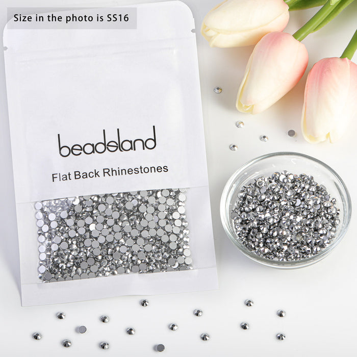 Beadsland - Diamantes de imitación de cristal con parte trasera plana, gemas redondas para decoración de uñas y pegamento para manualidades, hematita plateada