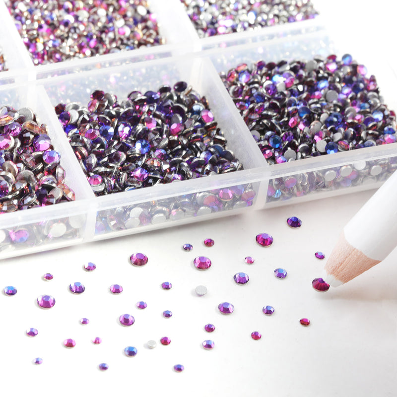Beadsland 7200pcs Flatback Rhinestones,Nail Gems Round Crystal Rhinestones for Crafts,Mixed 6 Sizes with Wax Pencil Kit, SS3-SS10-Purple Velvet