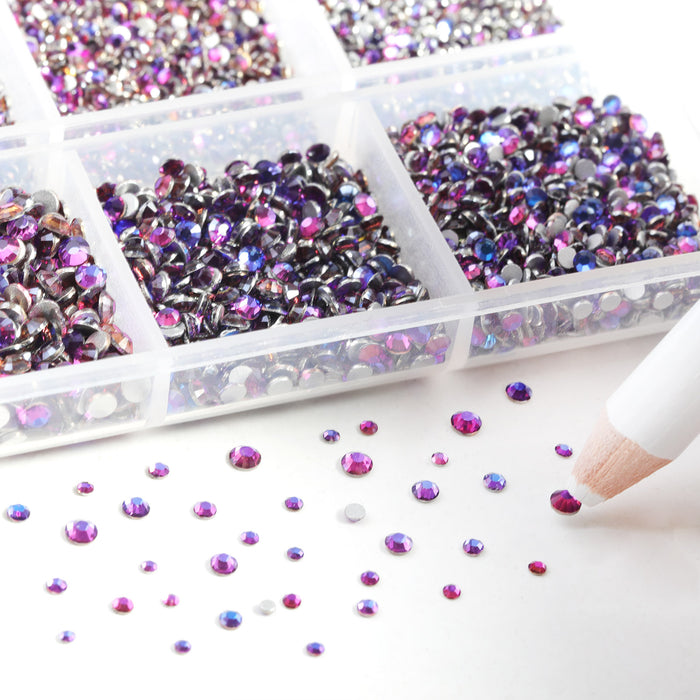 Beadsland 7200pcs Flatback Rhinestones,Nail Gems Round Crystal Rhinestones for Crafts,Mixed 6 Sizes with Wax Pencil Kit, SS3-SS10-Purple