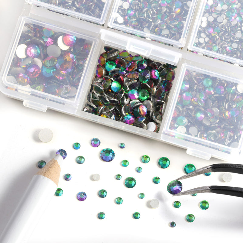 Beadsland 4300pcs Flatback Rhinestones,  Nail Gems Round Crystal Rhinestones for Crafts,Mixed 6 Sizes with Picking Tweezers and Wax Pencil Kit-Green Volcano