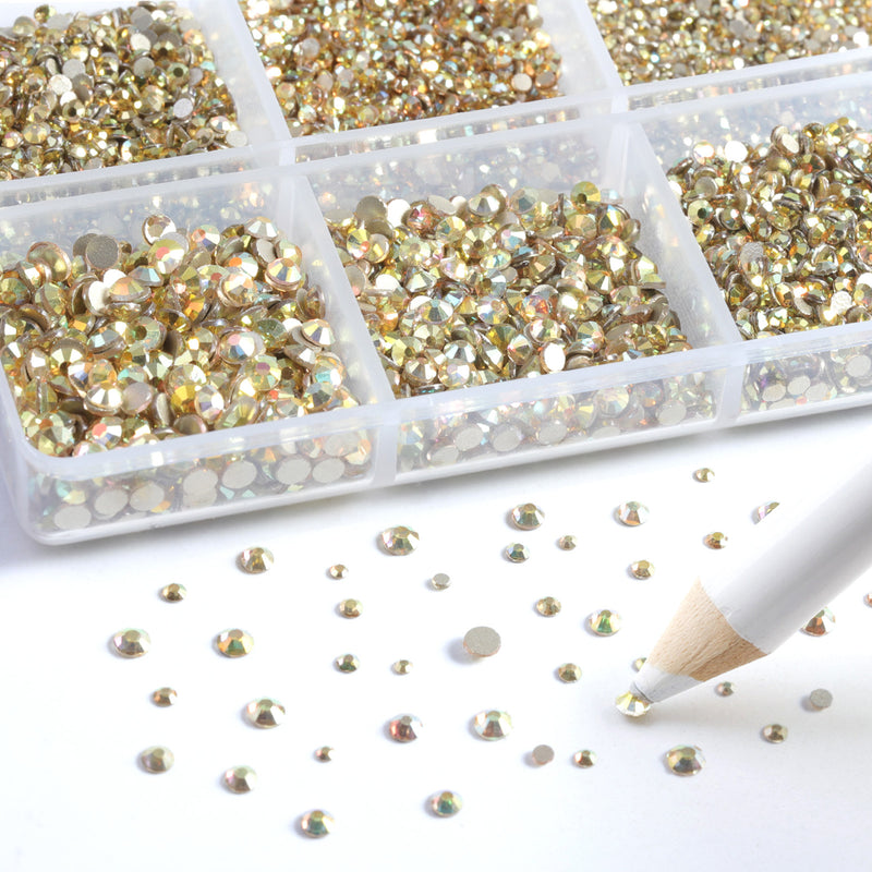 Beadsland 7200pcs Flatback Rhinestones,Nail Gems Round Crystal Rhinestones for Crafts,Mixed 6 Sizes with Wax Pencil Kit, SS3-SS10-Metal Sunlight