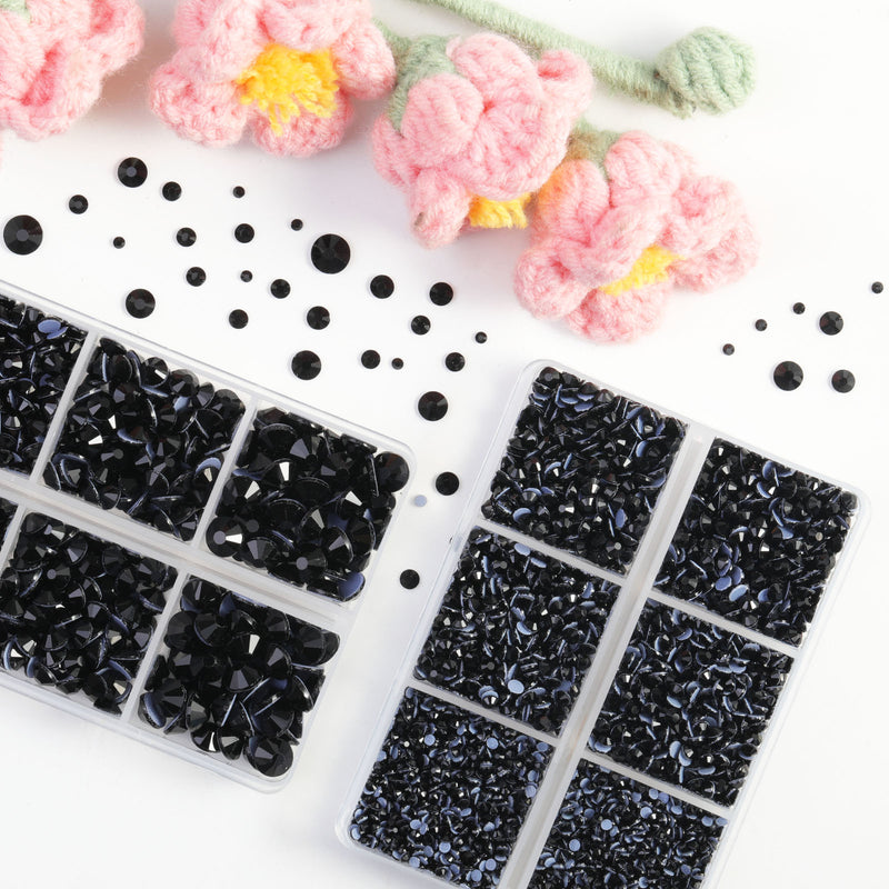 BEADSLAND Hotfix Rhinestones, 6080PCS Black Rhinestones for Clothes Crafts Mixed 6 Sizes with Wax Pencil and Tweezers Kit - Jet Black