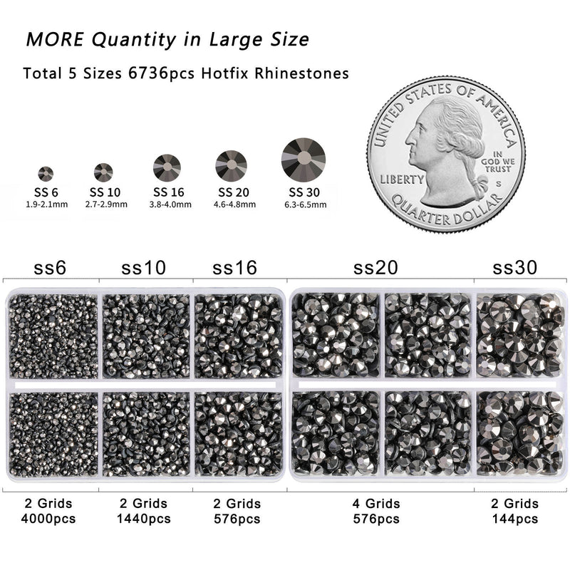 6736pcs Hotfix Rhinestones for Crafts Clothes Mixed 5 Sizes, Hotfix Crystals with Tweezers and Wax Pencil Kit, SS6-SS30- Jet Hematite