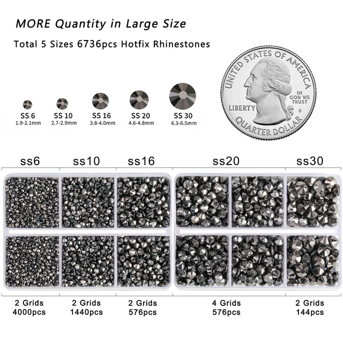 6736pcs Hotfix Rhinestones for Crafts Clothes Mixed 5 Sizes, Hotfix Crystals with Tweezers and Wax Pencil Kit, SS6-SS30- Jethematite