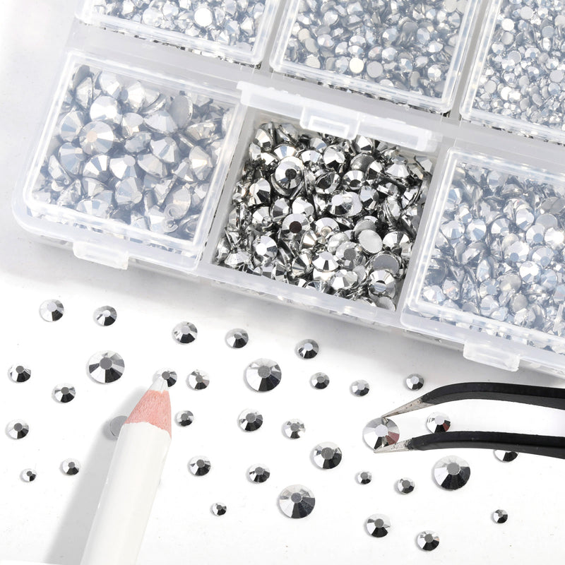 Beadsland 4300pcs Flatback Rhinestones,  Nail Gems Round Crystal Rhinestones for Crafts,Mixed 6 Sizes with Picking Tweezers and Wax Pencil Kit- Silver Hematite