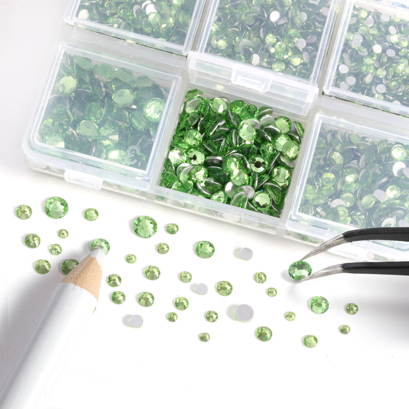 Beadsland 4300pcs Flatback Rhinestones,  Nail Gems Round Crystal Rhinestones for Crafts,Mixed 6 Sizes with Picking Tweezers and Wax Pencil Kit -Light Green/Peridot