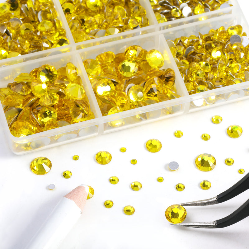 Beadsland 8300PCS Flatback Rhinestones, Nail Gems Round Crystal Rhinestones for Crafts, Mixed 10 Sizes with Wax Pencil and Tweezer Kit, SS3-SS30-Citrine/Lemon Yellow
