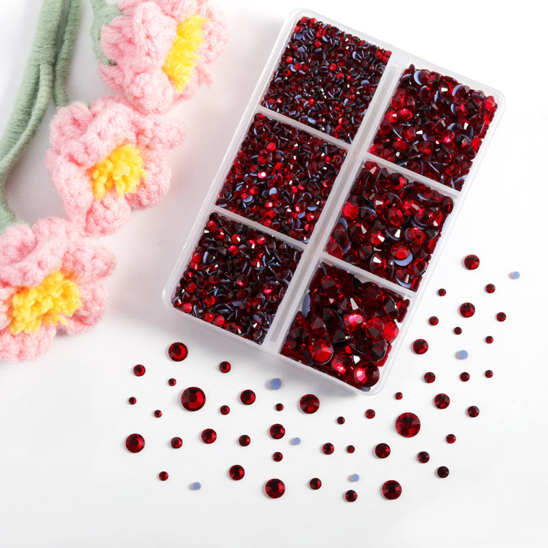 BEADSLAND Hotfix Rhinestones, 4000 PCS Red Rhinestones for Clothes Crafts Mixed 6 Sizes with Wax Pencil and Tweezers Kit, SS6-SS30, Siam