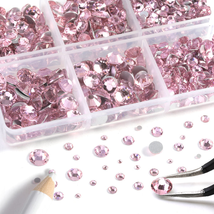 Beadsland 8300PCS Flatback Rhinestones, Nail Gems Round Crystal Rhinestones for Crafts, Mixed 10 Sizes with Wax Pencil and Tweezer Kit, SS3-SS30-Light Pink