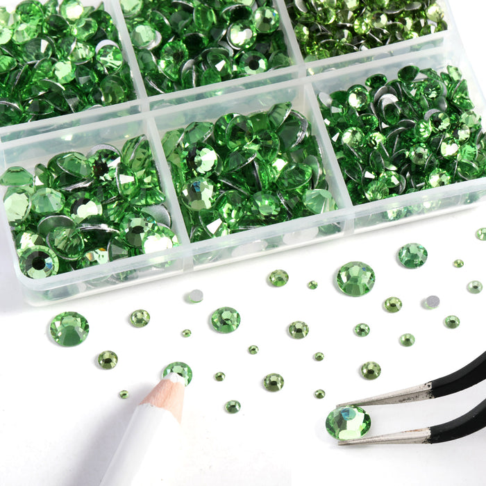 Beadsland 8300PCS Flatback Rhinestones, Nail Gems Round Crystal Rhinestones for Crafts, Mixed 10 Sizes with Wax Pencil and Tweezer Kit, SS3-SS30-Light Green/Peridot