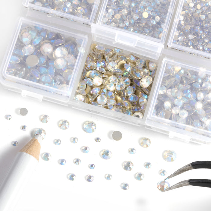 Beadsland 4300pcs Flatback Rhinestones, Nail Gems Round Crystal Rhinestones for Crafts,Mixed 6 Sizes with Picking Tweezers and Wax Pencil Kit-Blue Moonlight