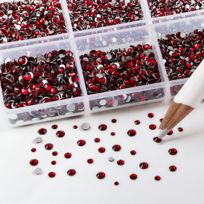 Beadsland 7200pcs Flatback Rhinestones,Nail Gems Round Crystal Rhinestones for Crafts,Mixed 6 Sizes with Wax Pencil Kit, SS3-SS10- Dark Siam