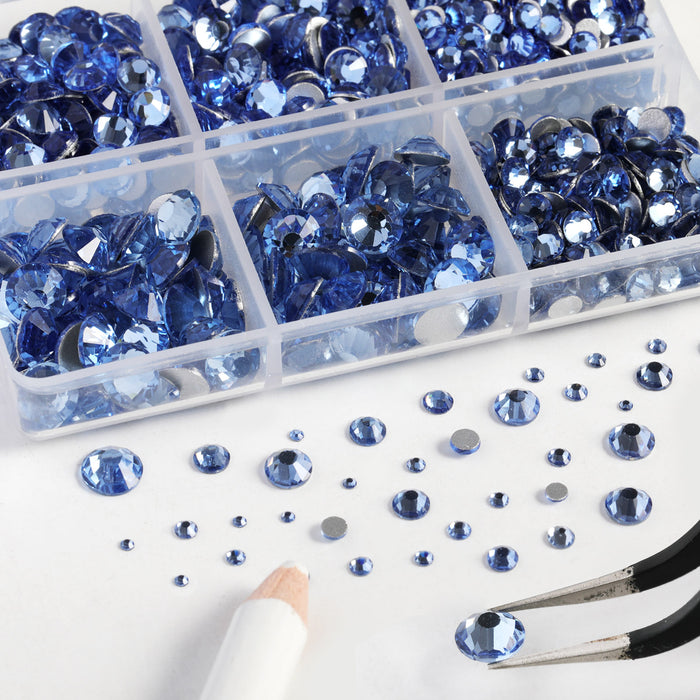 Beadsland 8300PCS Flatback Rhinestones, Nail Gems Round Crystal Rhinestones for Crafts, Mixed 10 Sizes with Wax Pencil and Tweezer Kit, SS3-SS30-Light Sapphire