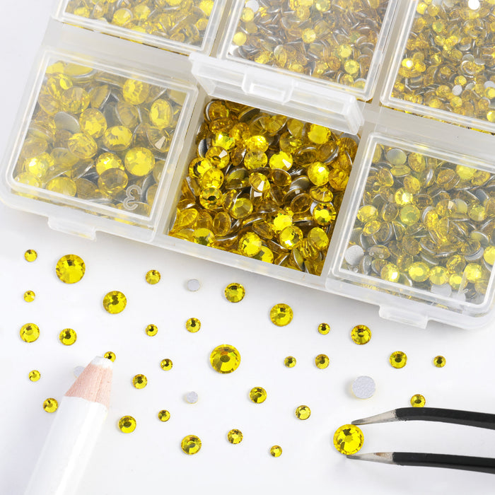Beadsland 4300pcs Flatback Rhinestones,  Nail Gems Round Crystal Rhinestones for Crafts,Mixed 6 Sizes with Picking Tweezers and Wax Pencil Kit- Citrine/Lemon Yellow