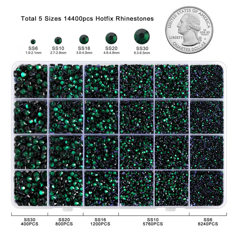 Dark Green Hotfix Rhinestones Multi Sizes Kit, 14400 pcs Heat Fix Rhinestone for Bedazzling Clothes Crafts Mixed 5 Sizes with Wax Pencil, Tweezers and Spoon, SS6-SS30, Emerald