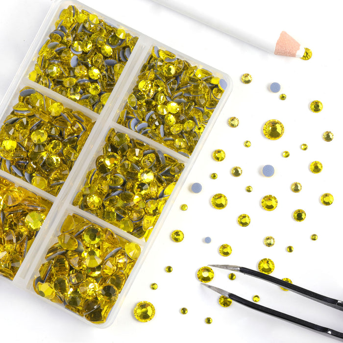 BEADSLAND Hotfix Rhinestones, 6080PCS Lemon Yellow Rhinestones for Clothes Crafts Mixed 6 Sizes with Wax Pencil and Tweezers Kit - Citrine