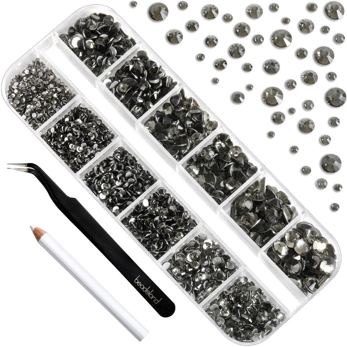 Beadsland Rhinestones for Makeup,8 sizes 2500pcs Flatback Rhinestones Face Gems for Nails Crafts with Tweezers and Wax Pencil- Black Diamond