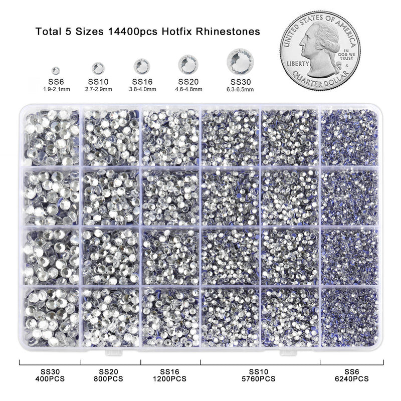 Hotfix Rhinestones Multi Sizes Kit, 14400 pcs Heat Fix Rhinestone for Bedazzling Clothes Crafts Mixed 5 Sizes with Wax Pencil, Tweezers and Spoon, SS6-SS30, Clear AB