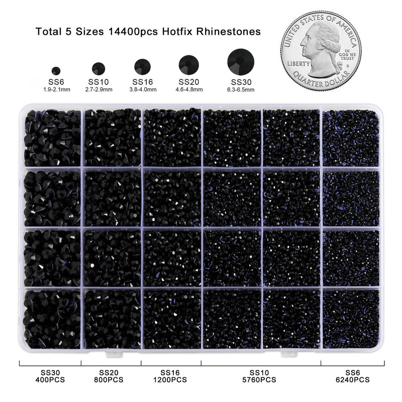 Black Hotfix Rhinestones Multi Sizes Kit, 14400 pcs Heat Fix Rhinestone for Bedazzling Clothes Crafts Mixed 5 Sizes with Wax Pencil, Tweezers and Spoon, SS6-SS30, Black