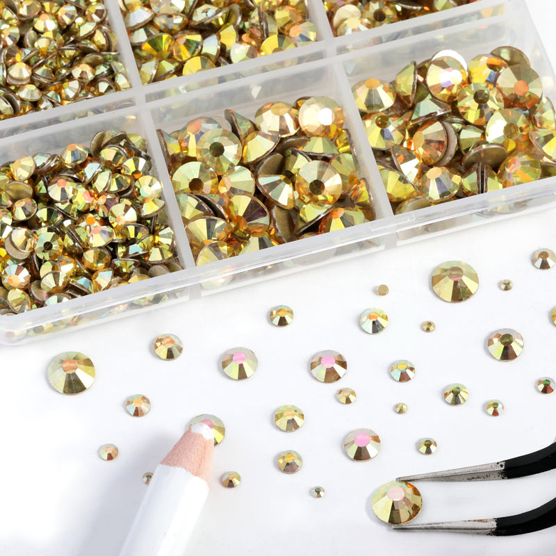 Beadsland 8300PCS Flatback Rhinestones, Nail Gems Round Crystal Rhinestones for Crafts, Mixed 10 Sizes with Wax Pencil and Tweezer Kit, SS3-SS30-Metal Sunlight